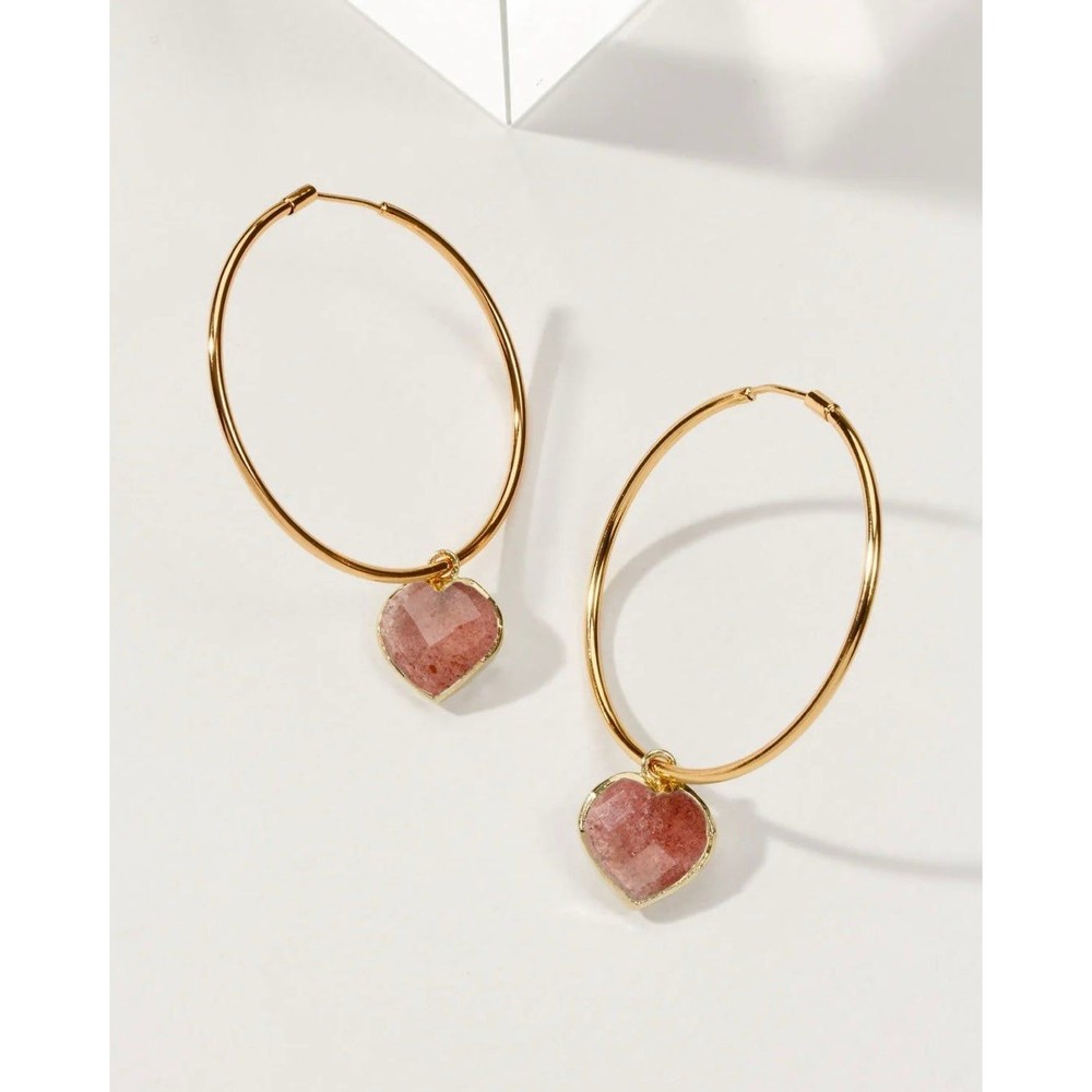Strawberry Quartz Heart Hoop Earrings Gold